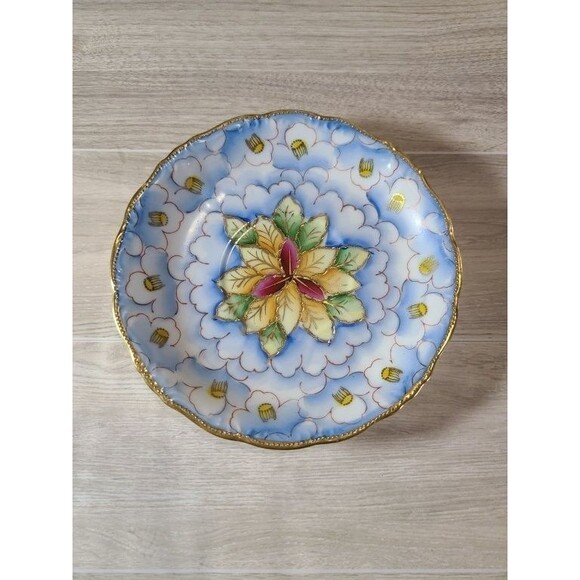 Japan Hand-Painted Plate 5.5" Blue & Yellow Floral Porcelain, Gold Trim, VTG - Picture 1 of 4